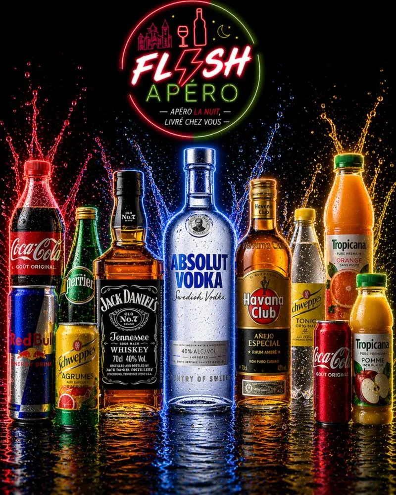 Sélection Flash Apéro sous l'enseigne néon : sodas, jus, eaux, whisky, vodka et rhum