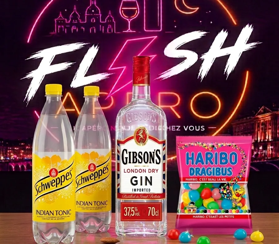 Formule Flash Apéro — gin Gibson's 70 cl, deux softs et un paquet de chips ou de bonbons