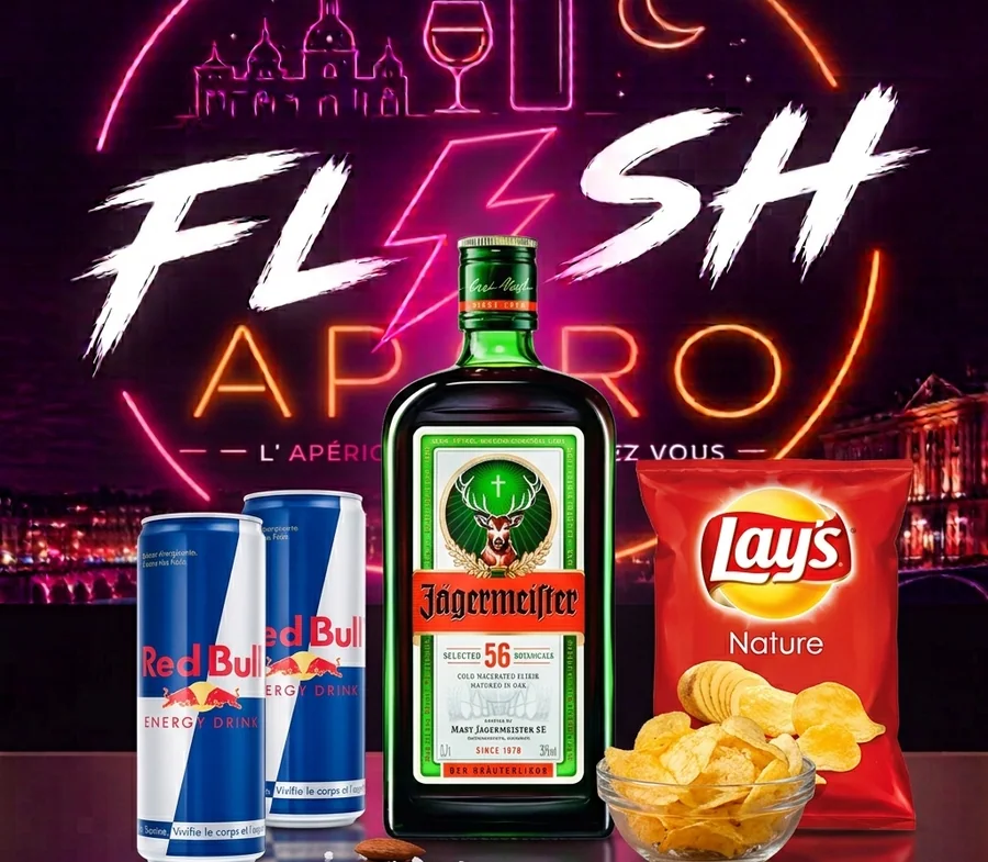 Formule Flash Apéro — Jägermeister 70 cl, deux softs et un paquet de chips ou de bonbons