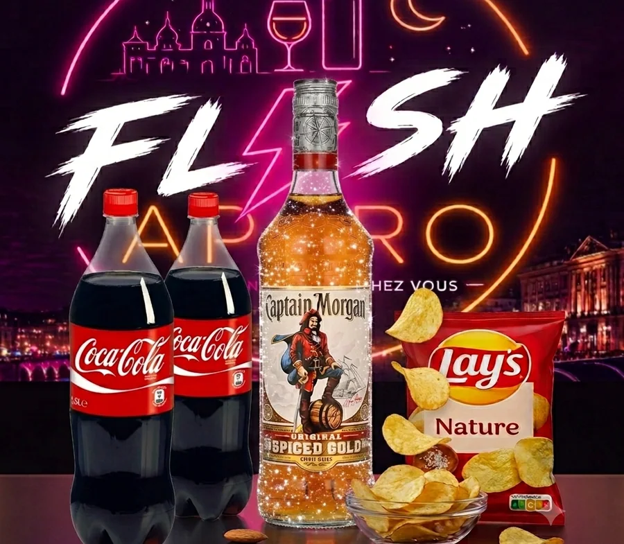 Formule Flash Apéro — rhum Captain Morgan 70 cl, deux softs et un paquet de chips ou de bonbons