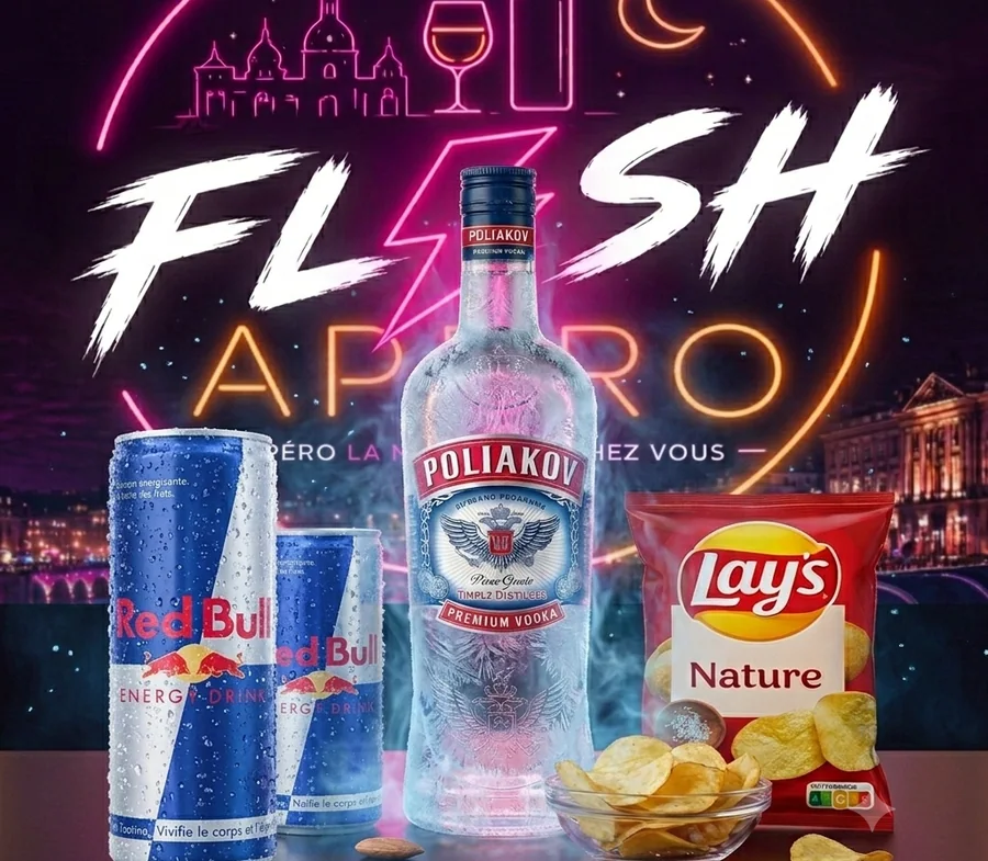 Formule Flash Apéro — vodka Poliakov 70 cl, deux softs et un paquet de chips ou de bonbons