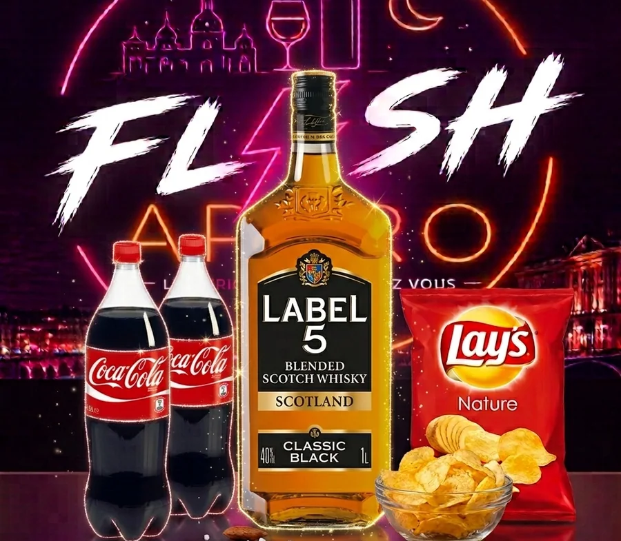 Formule Flash Apéro — whisky Label 5 70 cl, deux softs et un paquet de chips ou de bonbons